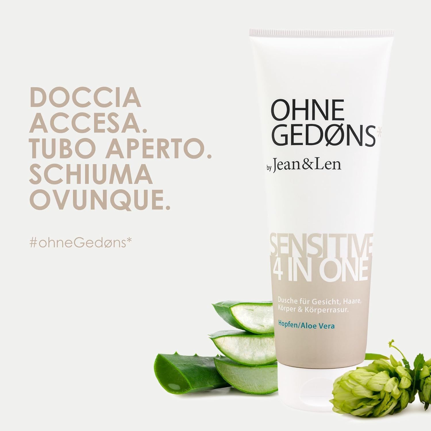Tubo OHNE GEDØNS by Jean & Len, Sensitive 4in1, accanto ad aloe vera e luppolo.