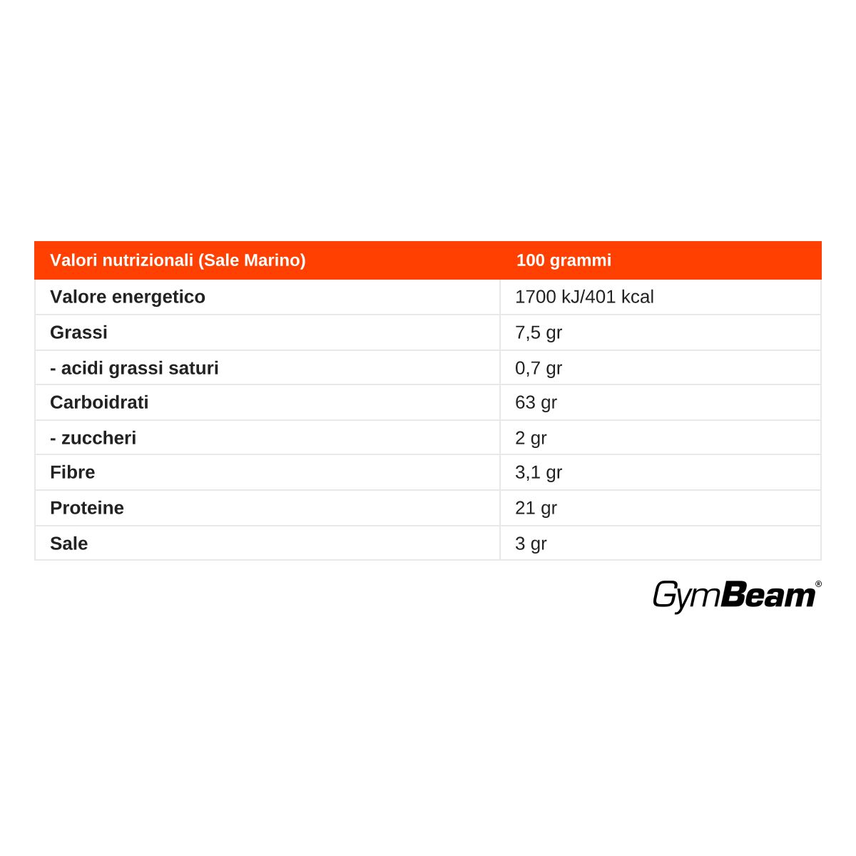 Tabella nutrizionale per Patatine Proteiche GymBeam: 401 kcal, 21g di proteine per 100g.