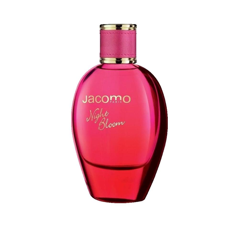 Flacone rosso con tappo dorato. Scritta: Jacomo Night Bloom. Liquido rosa visibile.
