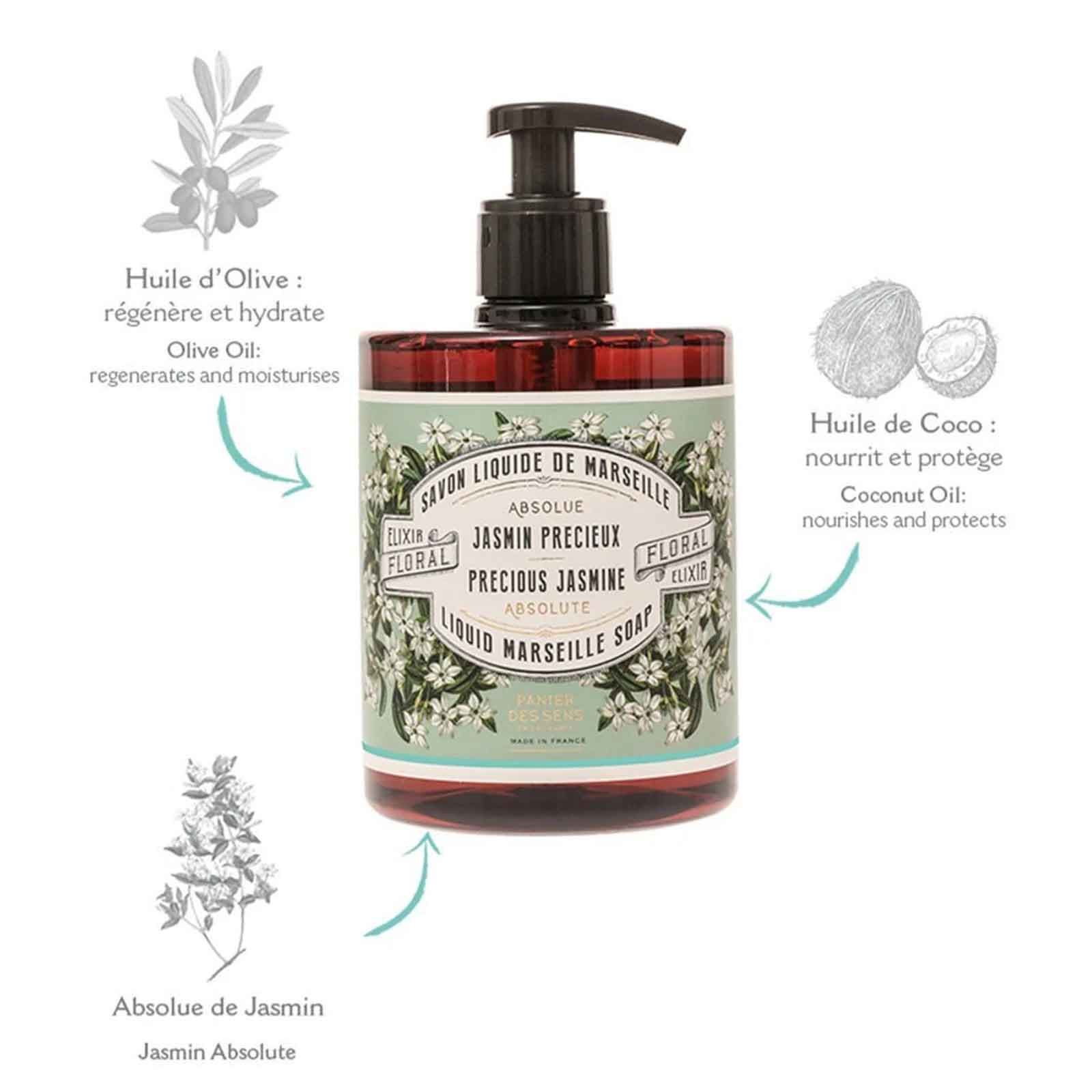 Sapone liquido con indicazioni su olio d'oliva, olio di cocco e assoluta di gelsomino.
