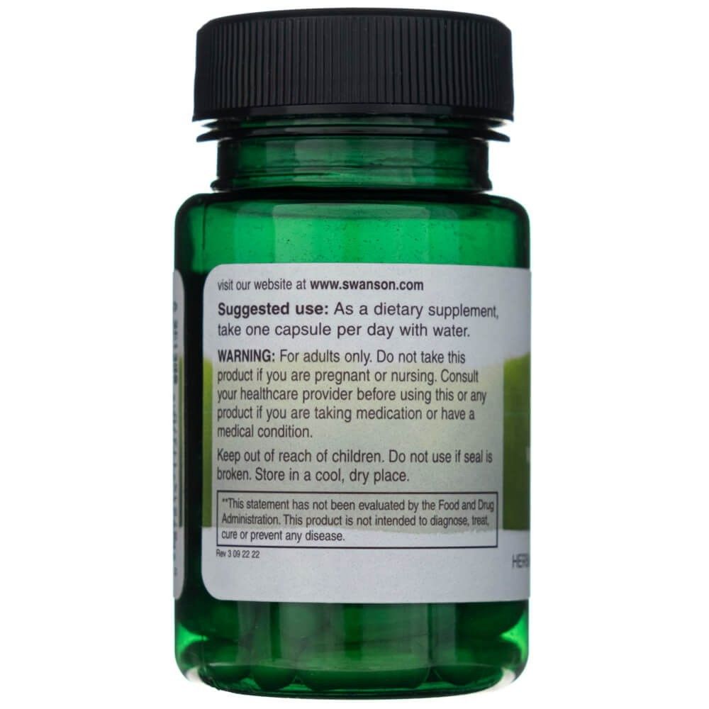 Retro del flacone SWANSON Zafferano 15mg con istruzioni per l'uso e avvertenze.