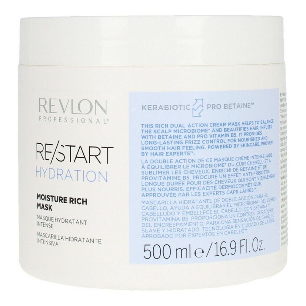 Vaso bianco Revlon Re-Start Hydration. Testo: Moisture Rich Mask, 500 ml/16.9 Fl.Oz.