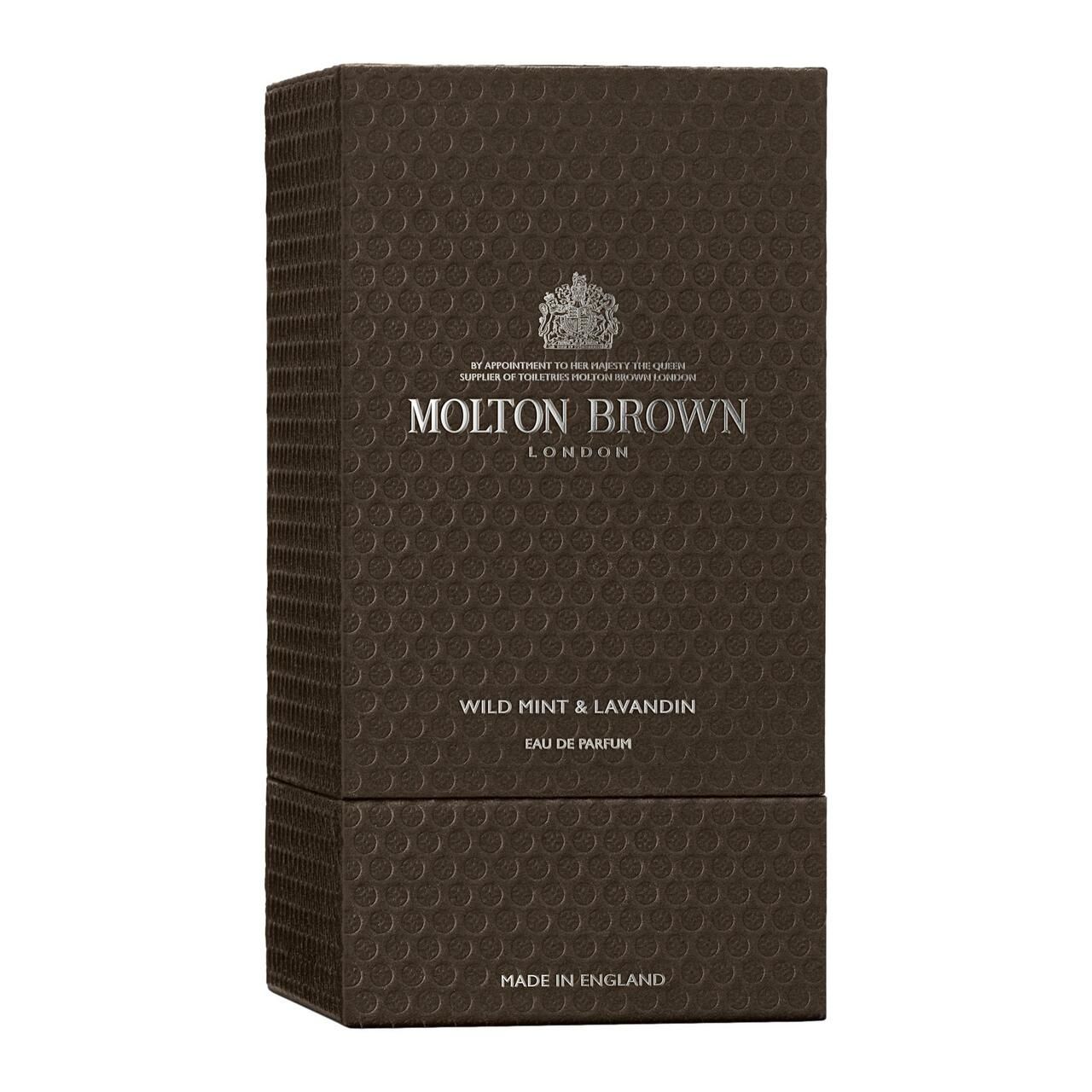 Confezione marrone con motivo in rilievo. Scritta: Molton Brown, Wild Mint & Lavandin, Eau de Parfum. Made in England.