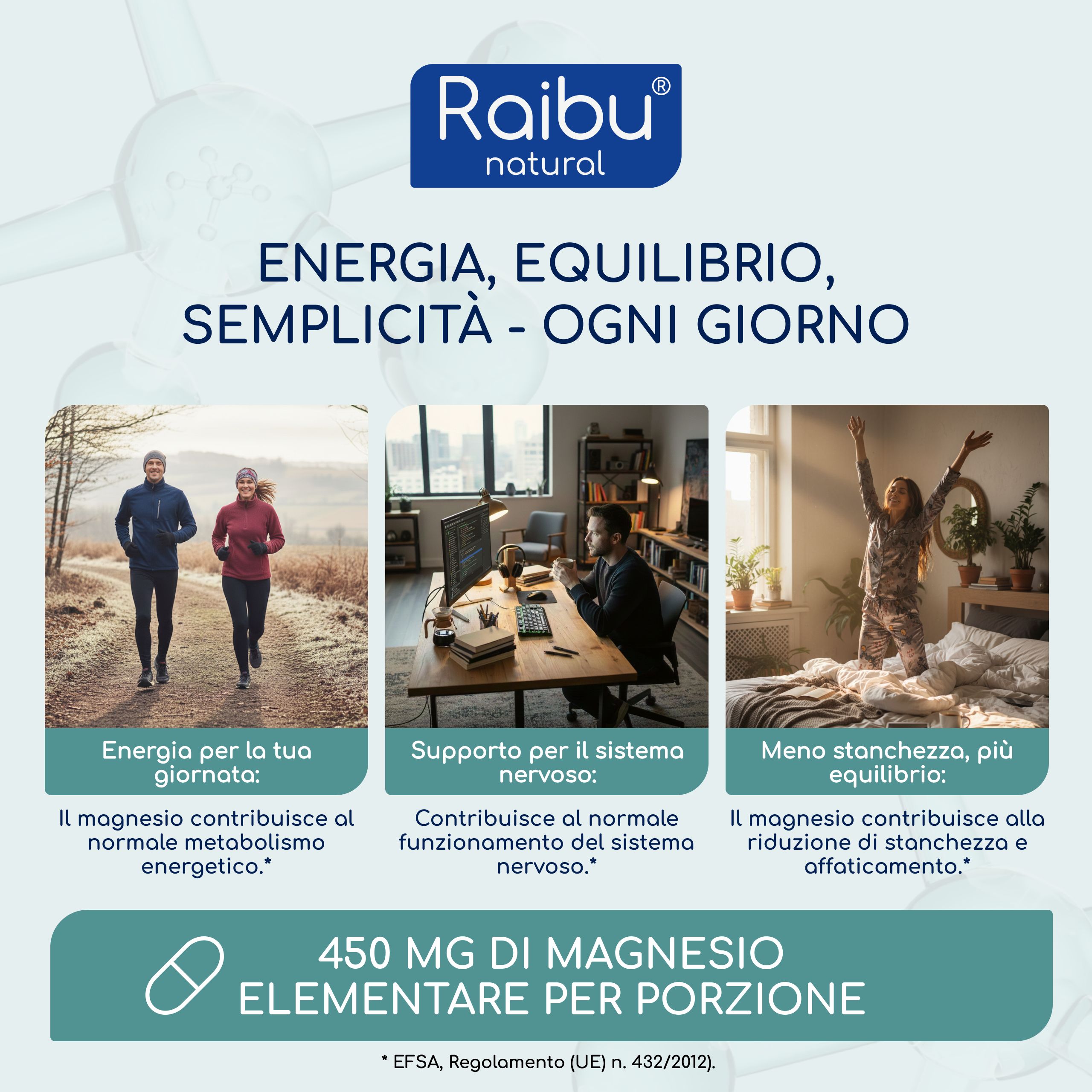 Tre immagini: Energia, equilibrio, semplicità. 450 mg di magnesio per porzione.
