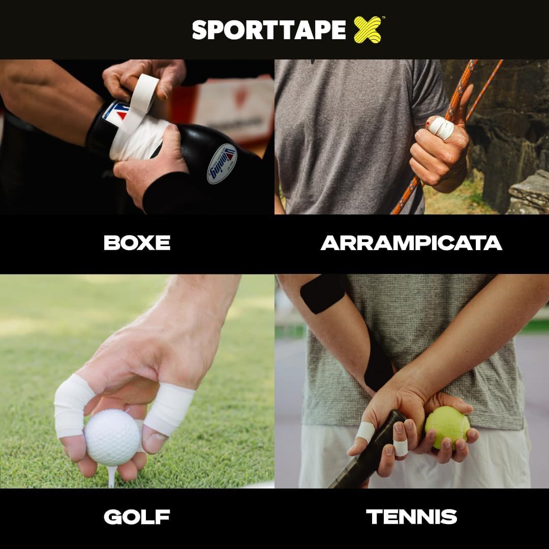 Quattro sport con nastro bianco: pugilato, arrampicata, golf, tennis.