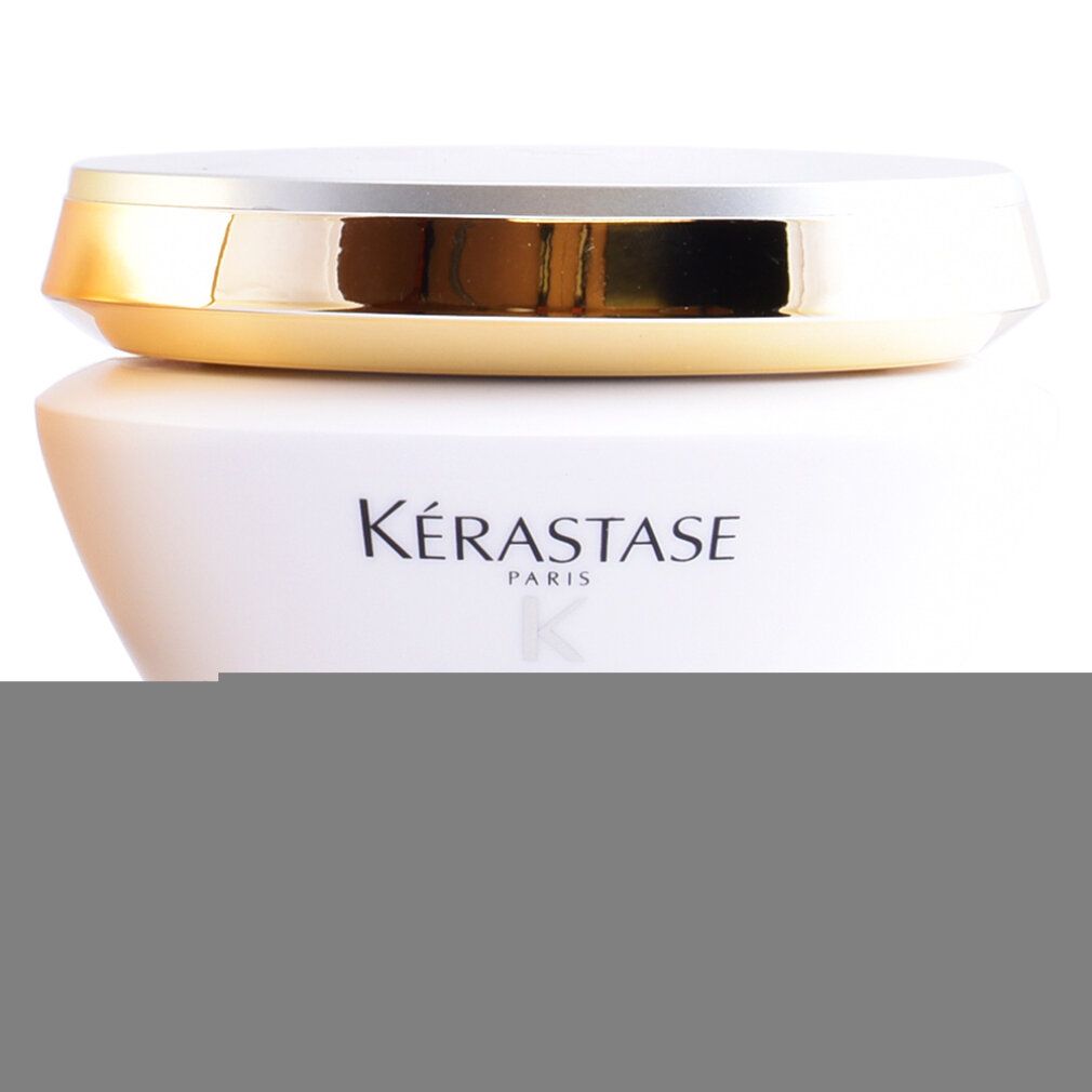 Vaso bianco con coperchio dorato. Scritta Kérastase Paris, Elixir Ultime Le Masque. 200 ml.