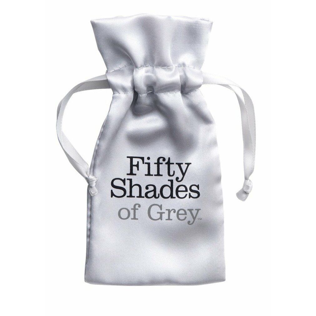 Borsa in raso bianco con coulisse. Scritta: Fifty Shades of Grey.