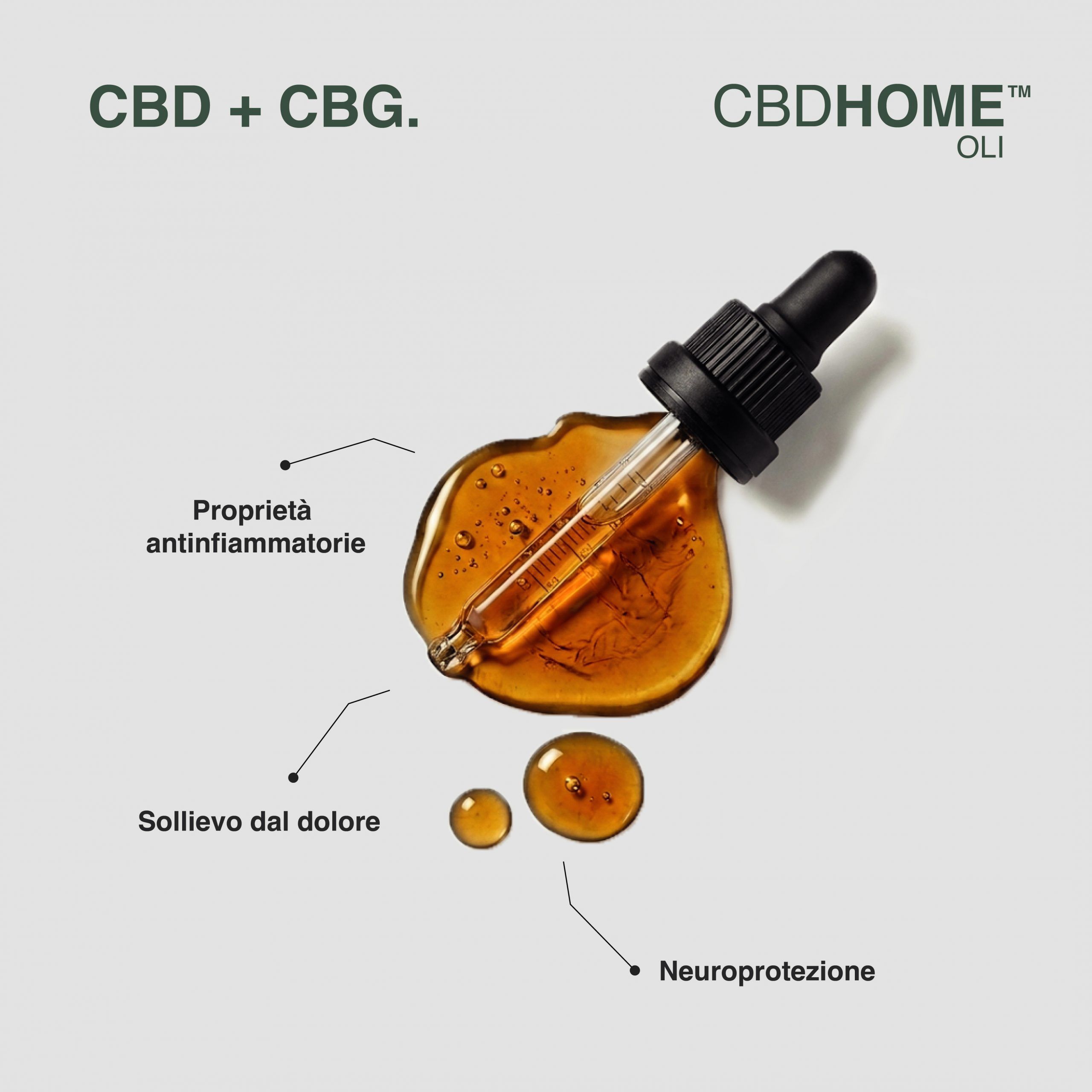 Gocce di olio CBD + CBG con contagocce. Etichette: Neuroprotezione, Sollievo dal dolore, Proprietà antinfiammatorie.