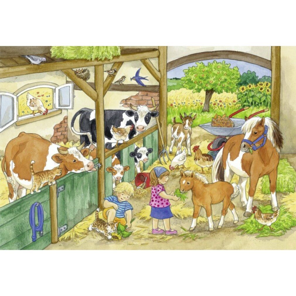Puzzle con motivo fattoria. Mucche, cavalli, bambini e animali in una stalla. Illustrazione ad acquerello.