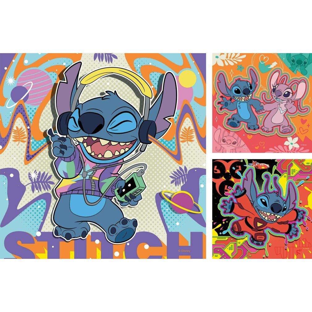 Set di puzzle con tre motivi di Stitch. Stitch con le cuffie, Stitch con Angel e Stitch come supereroe.