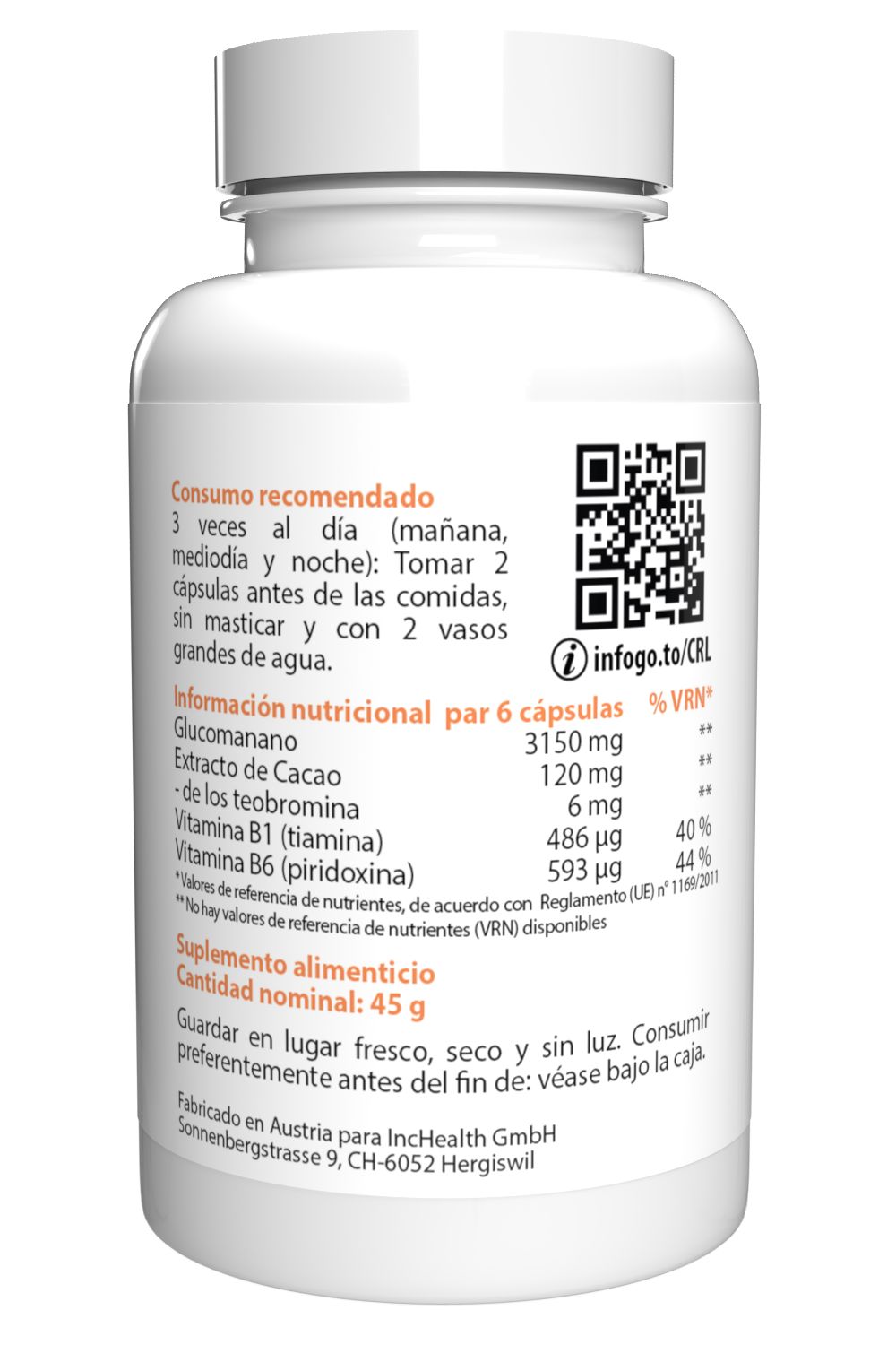 Retro di un flacone bianco. Testo con raccomandazioni per l'uso e informazioni nutrizionali. Codice QR.