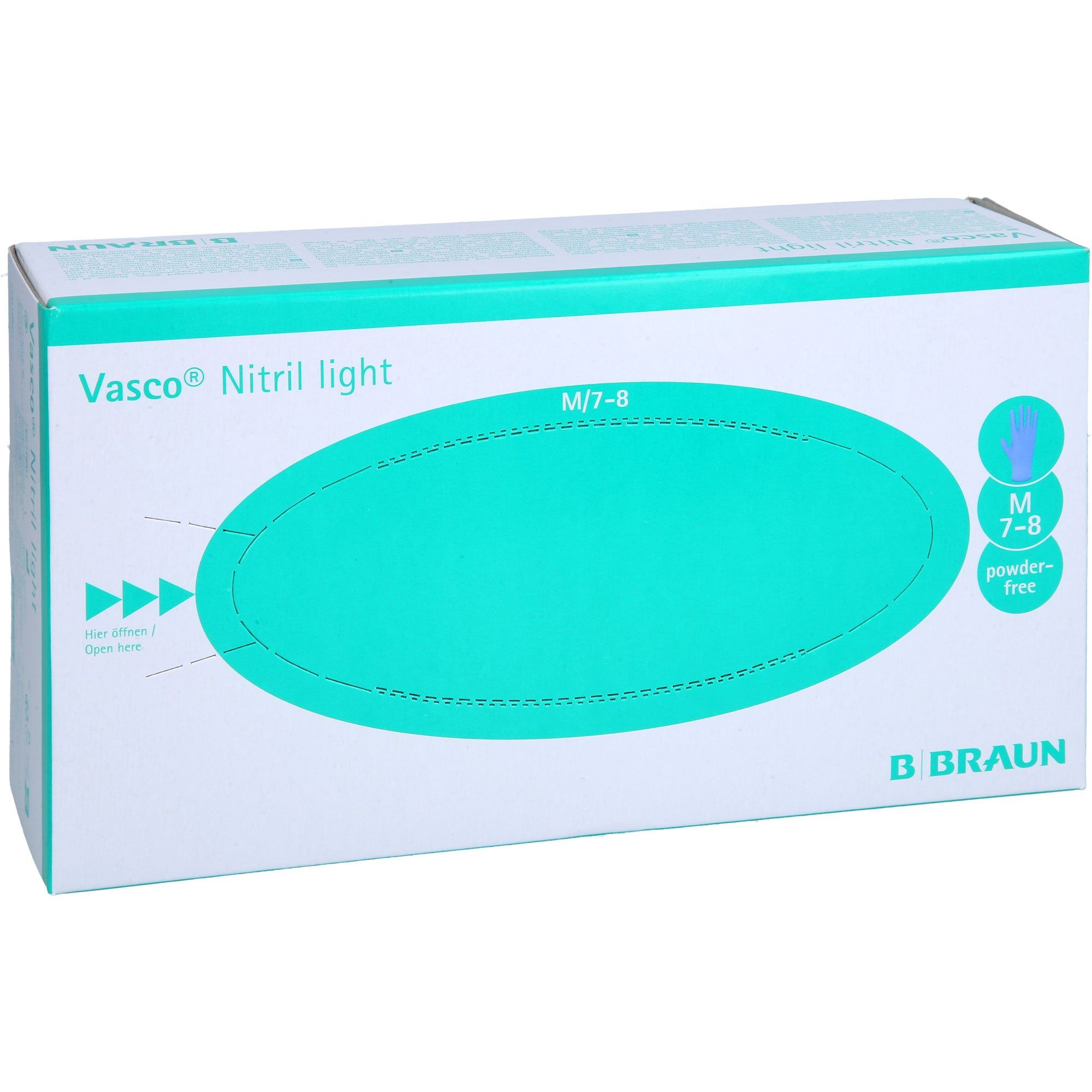 Confezione guanti da esame B. Braun Vasco Nitril light, taglia M/7-8, senza polvere.