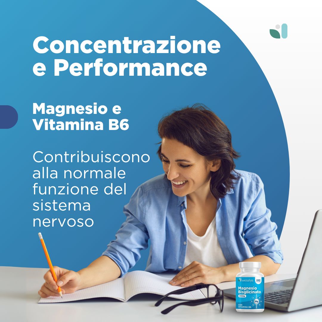 Immagine pubblicitaria. Donna seduta a un tavolo e scrive. Flacone con etichetta blu. Scritto: Magnesio Bisglicinato. Marchio: wesalys.