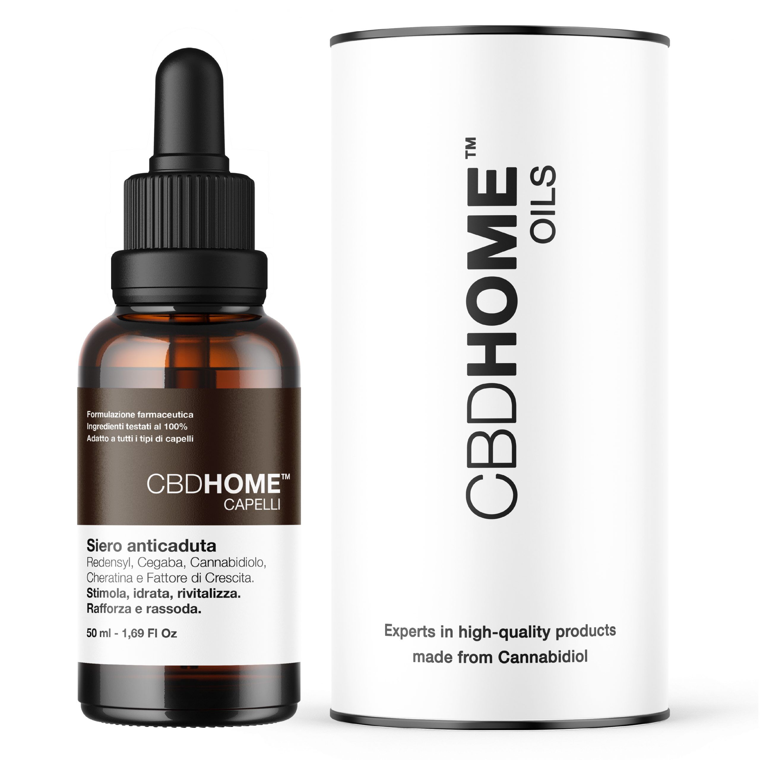 Flacone di siero anticaduta con etichetta italiana e astuccio cilindrico 'CBDHOME OILS'.