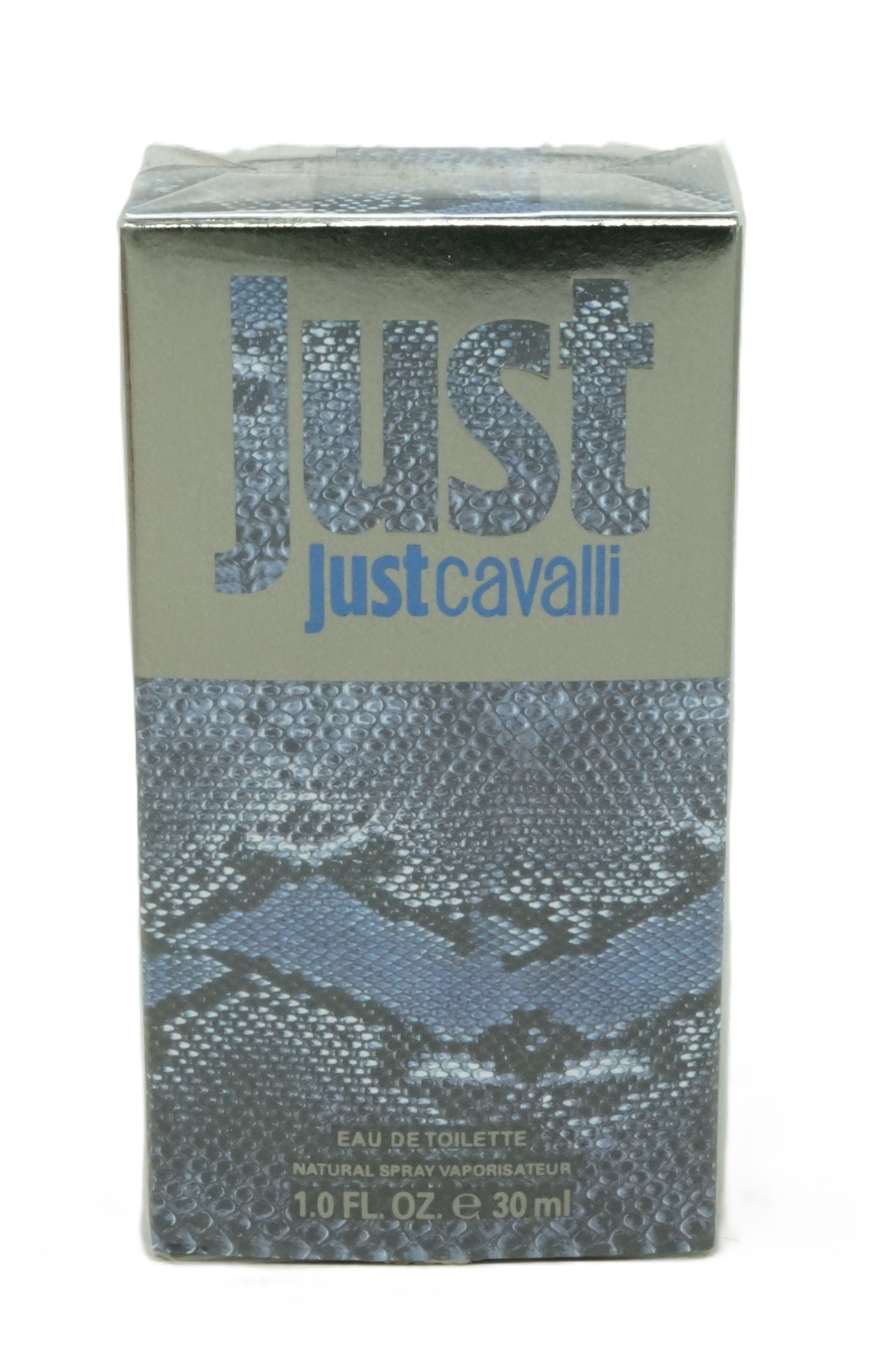 Scatola di Just Cavalli Eau de Toilette. Scatola argentata con motivo serpente blu e nome del prodotto.