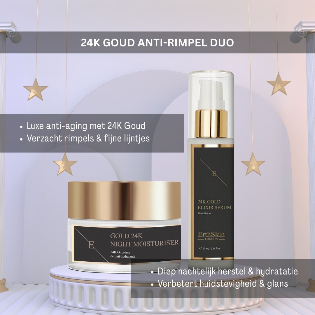 Duo anti-rughe ErthSkin London Oro 24K, siero e crema notte.