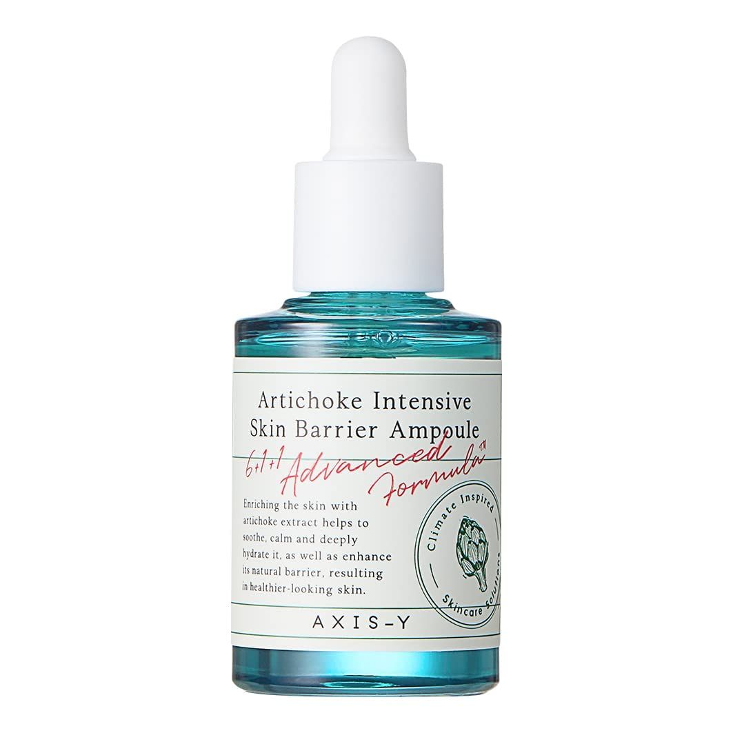 Flacone di siero. Tappo bianco con pipetta. Scritta: Artichoke Intensive Skin Barrier Ampoule. AXIS-Y.