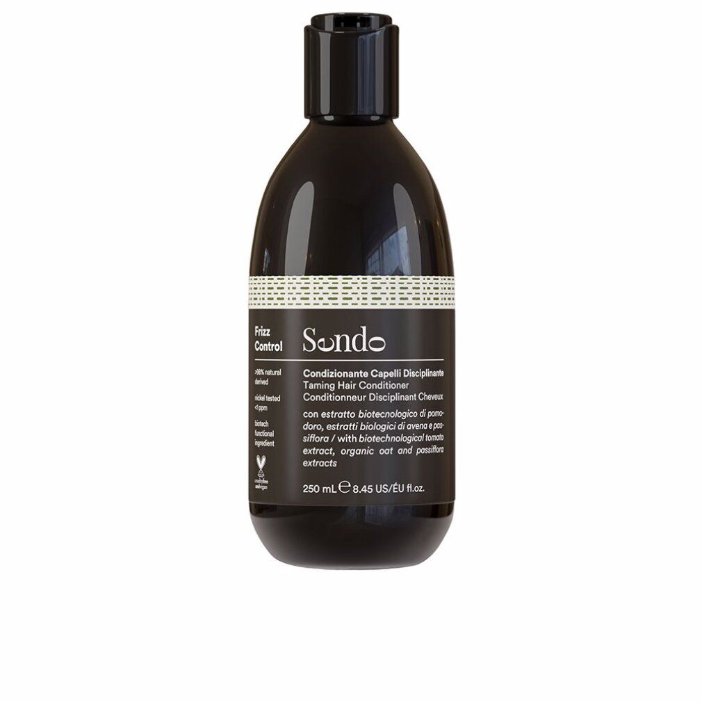 Flacone nero con tappo nero. Scritta: Sendo Frizz Control Taming Hair Conditioner. Sigillo vegano.