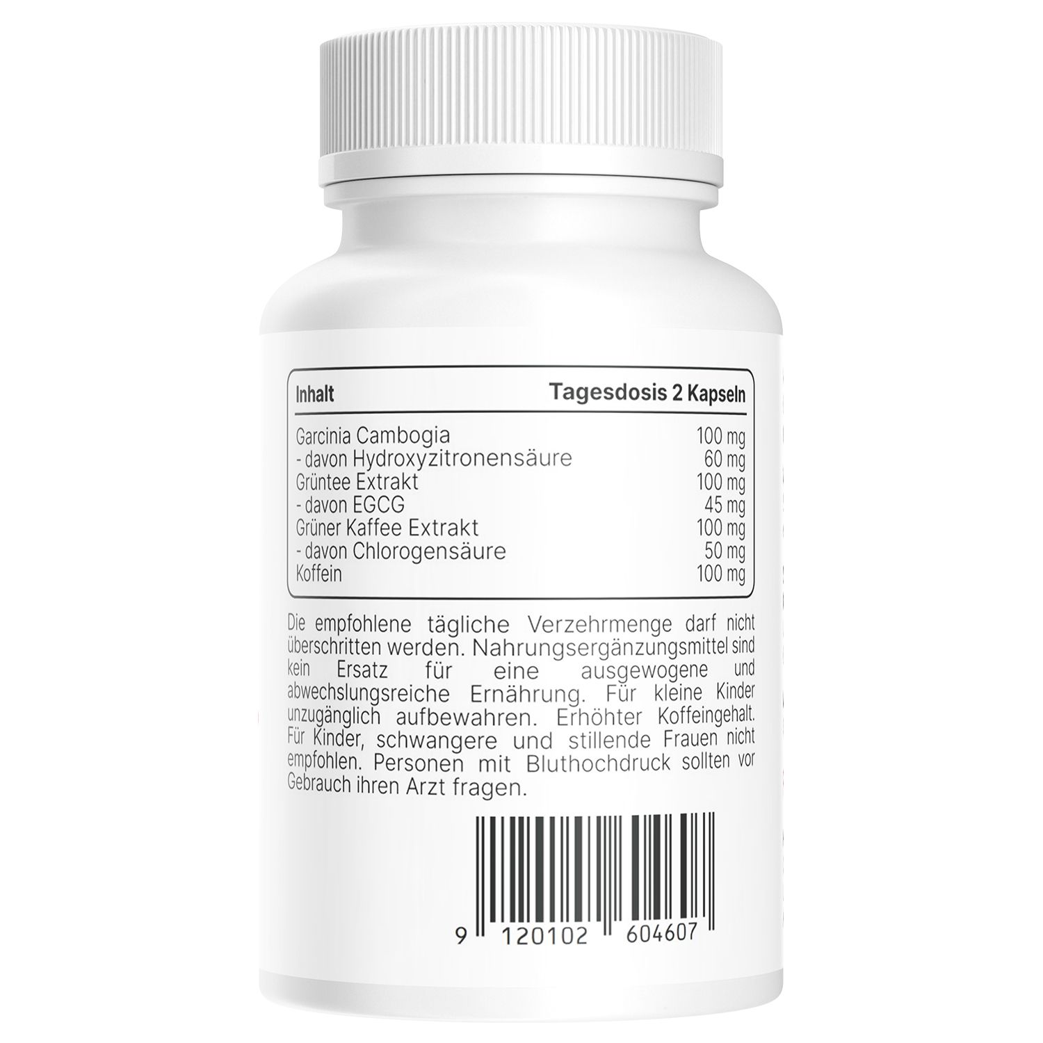 Retro di un flacone bianco. Scritta: Dose giornaliera 2 capsule. Ingredienti: Garcinia Cambogia, acido idrossicitrico, estratto di tè verde, estratto di caffè verde, caffeina.