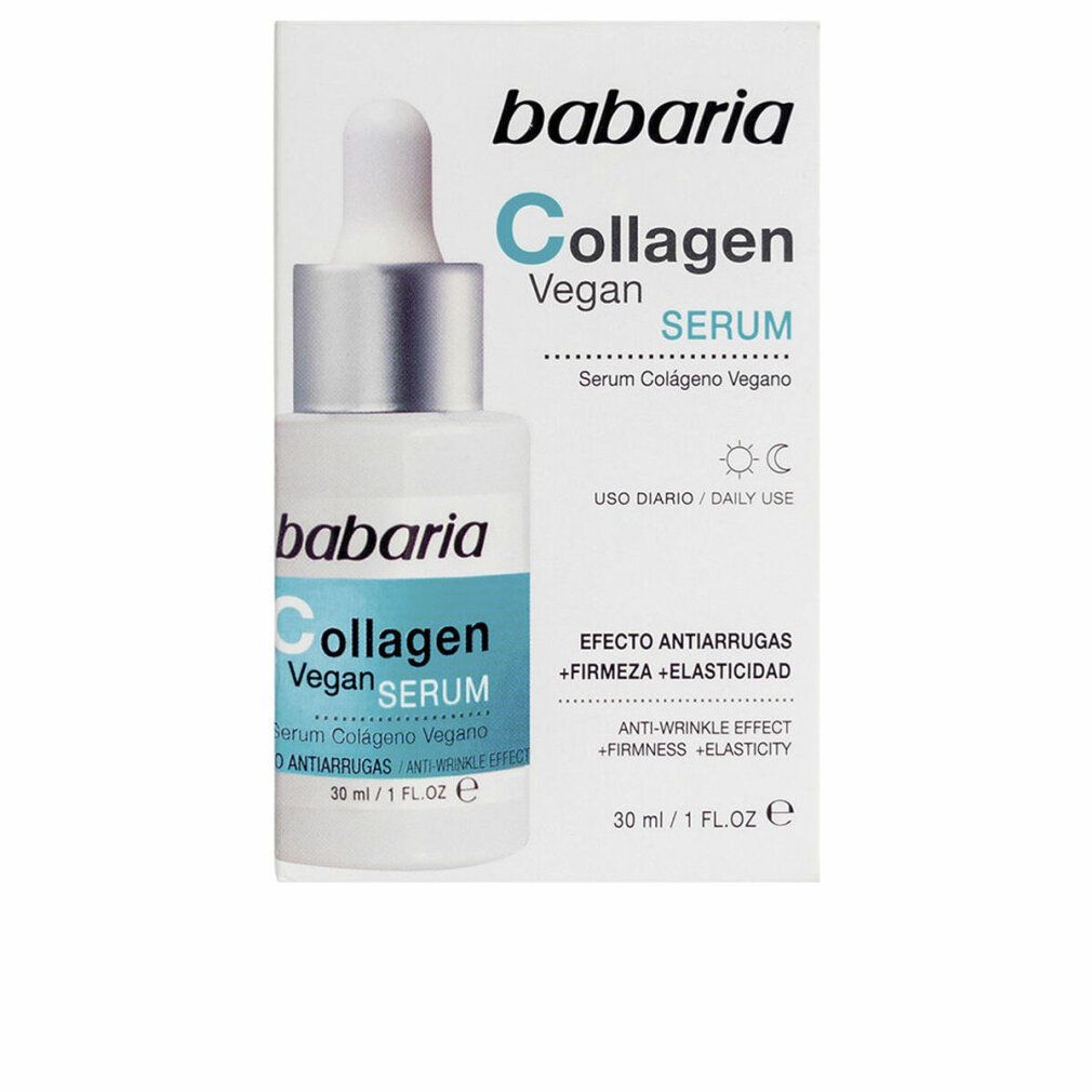 Flacone e confezione Babaria Collagen Vegan Serum. Bianco, blu e argento. Testo: Anti-rughe, compattezza, elasticità.