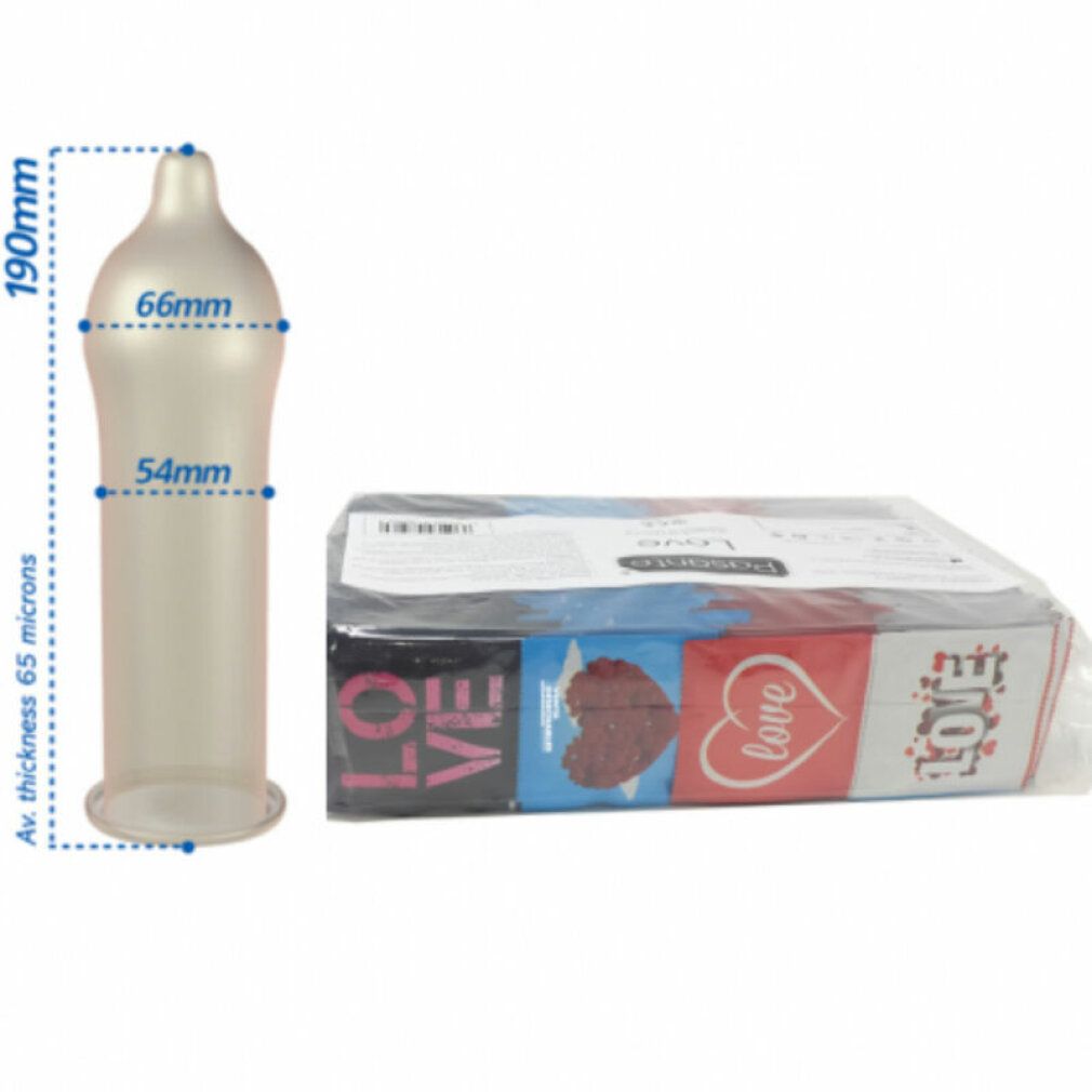 Preservativo con misure: 190mm lunghezza, 66mm larghezza, 54mm diametro. Confezione di preservativi visibile attraverso un involucro trasparente.