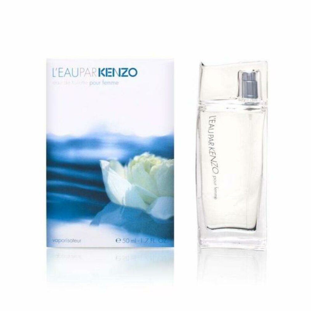 Flacone e confezione. Flacone con contenuto chiaro, tappo trasparente. Confezione con motivo a onde e fiore. Testo: L'EAU PAR KENZO, 50 ml.