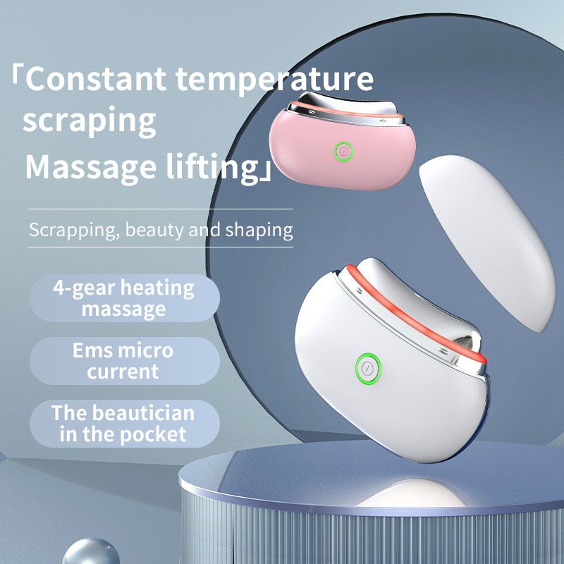 Due dispositivi di sollevamento facciale LED Gua Sha, uno bianco, uno rosa, con bordo argentato e pulsante di accensione verde.