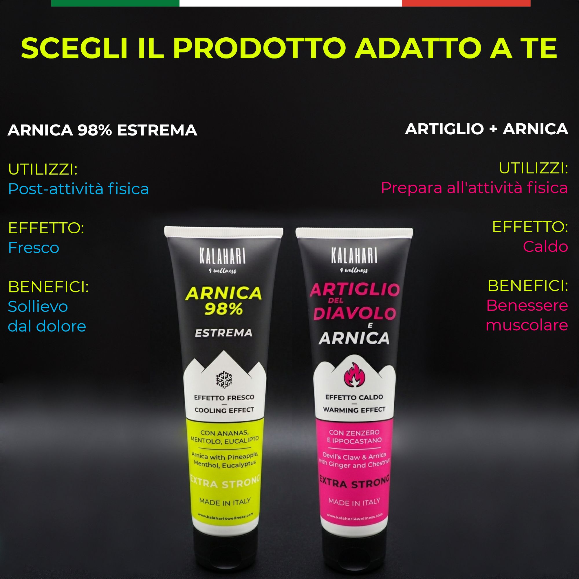 Due tubi Kalahari: Arnica 98% (effetto fresco) e Artiglio del Diavolo + Arnica (effetto caldo).