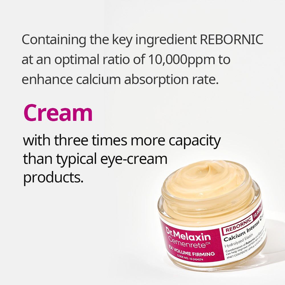 Dr. Melaxin Cemenrete Calcium Intense Cream, un barattolo di vetro con texture cremosa, con etichetta.