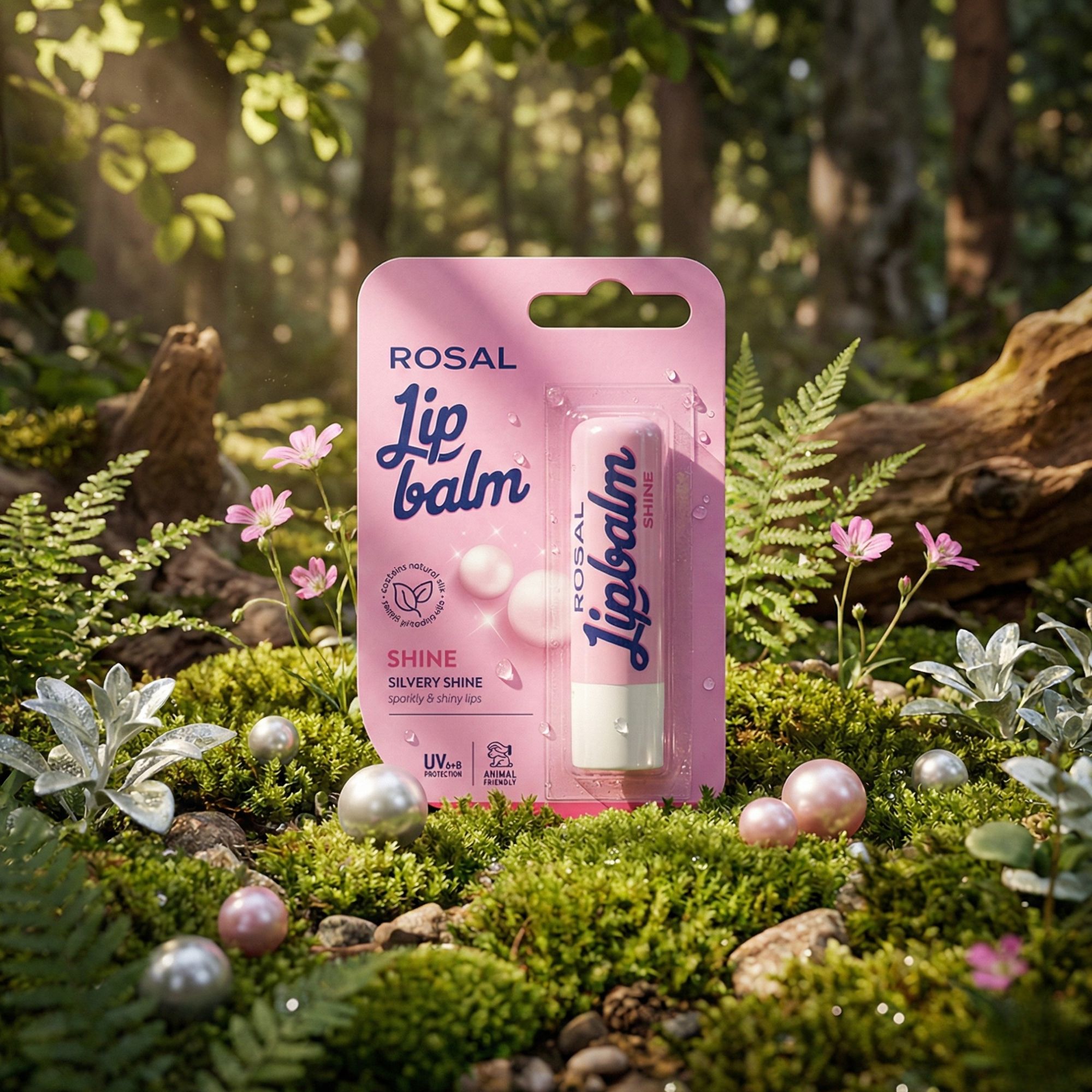 Lip Balm in confezione rosa. Testo: ROSAL, Lip balm, Shine, Silvery Shine, protezione UV, cruelty-free. Su muschio, circondato da piante.