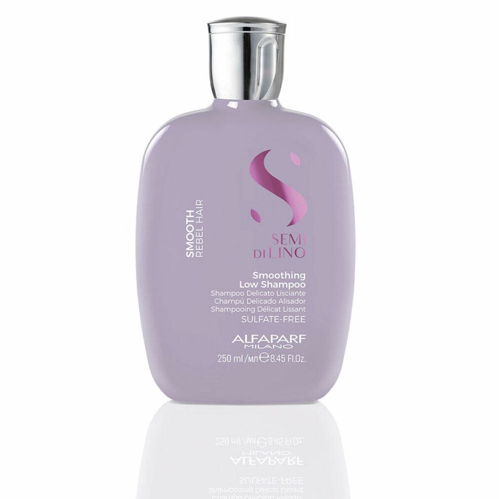 Flacone di shampoo viola con tappo argentato. Testo: Smooth Rebel Hair, Semi Di Lino, Smoothing Low Shampoo, senza solfati. Marchio: Alfaparf Milano.
