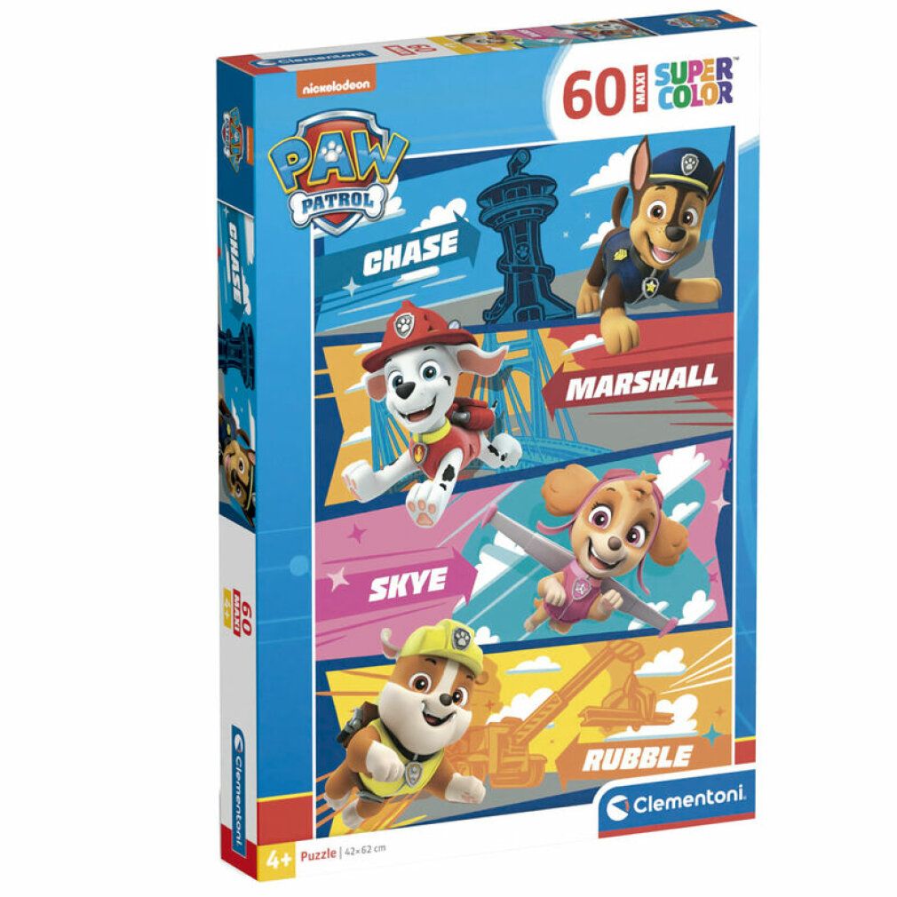 Scatola puzzle Paw Patrol. 60 pezzi. Chase, Marshall, Skye e Rubble raffigurati. Logo Clementoni.