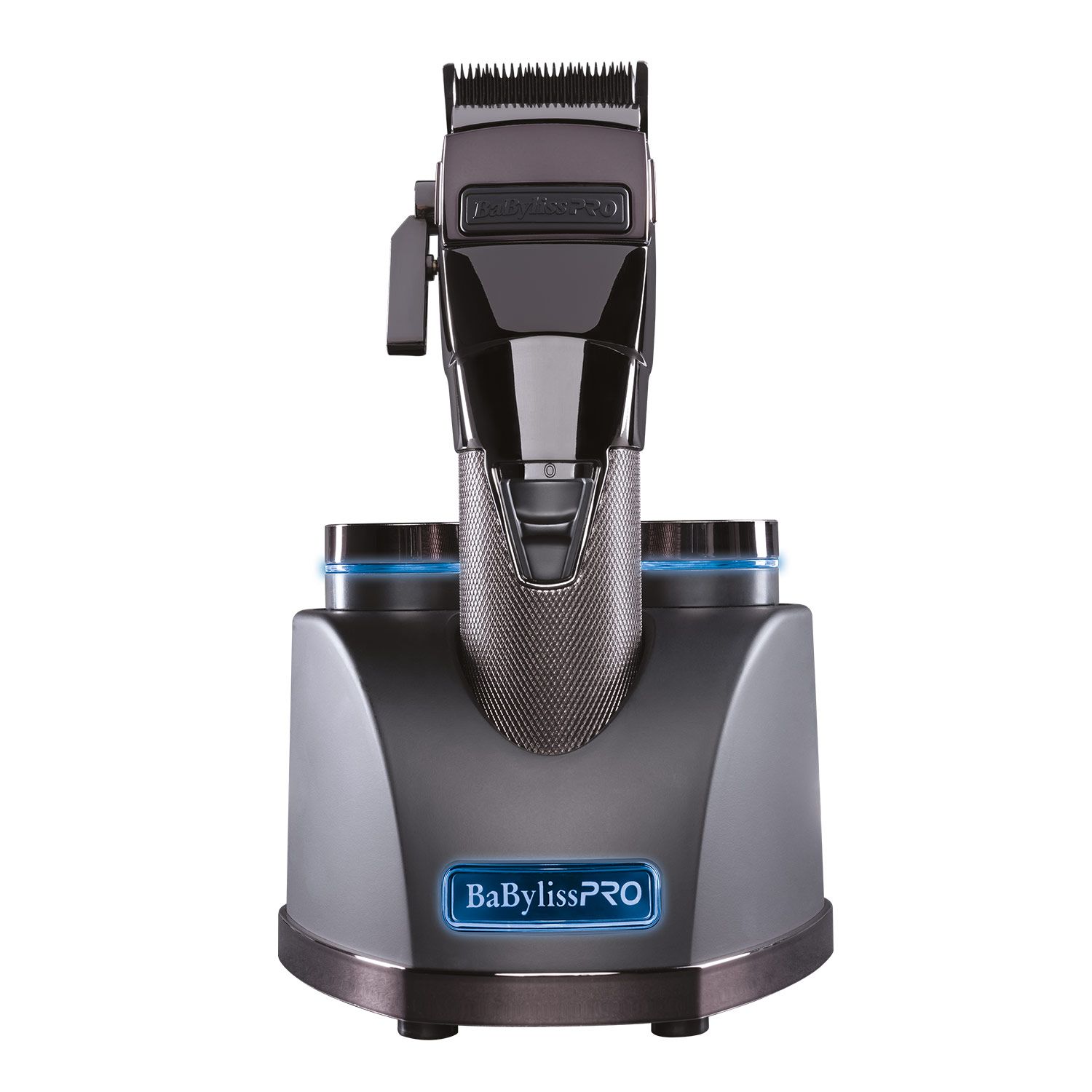 Tagliacapelli con stazione di ricarica. Nera e argento. Logo BaBylissPRO sulla base.