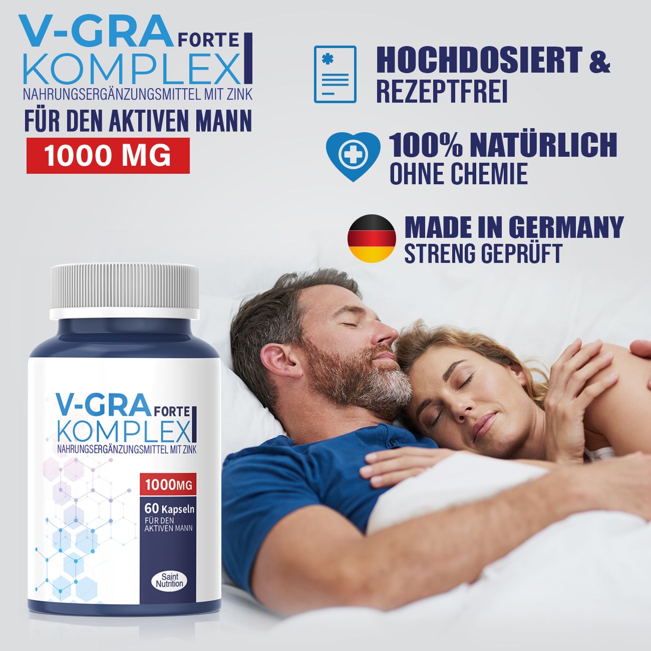 Flacone del prodotto accanto a una coppia che dorme. Testo: V-GRA Forte Komplex, 1000 mg, 60 capsule. Testo aggiuntivo: Ad alto dosaggio e senza ricetta, 100% naturale.