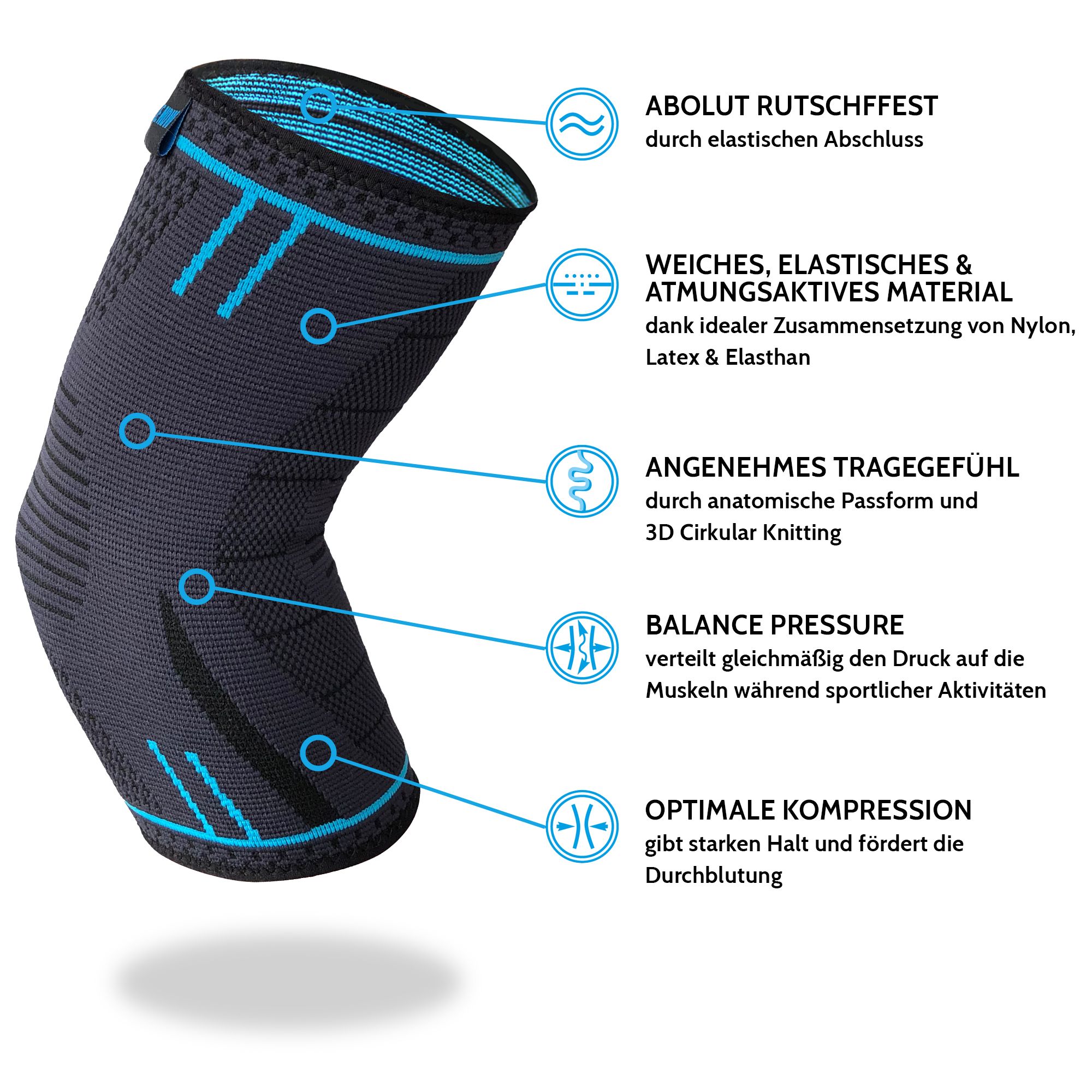 Tutore per gomito grigio-nero. Didascalie: Antiscivolo, traspirante, confortevole, equilibrio, compressione.