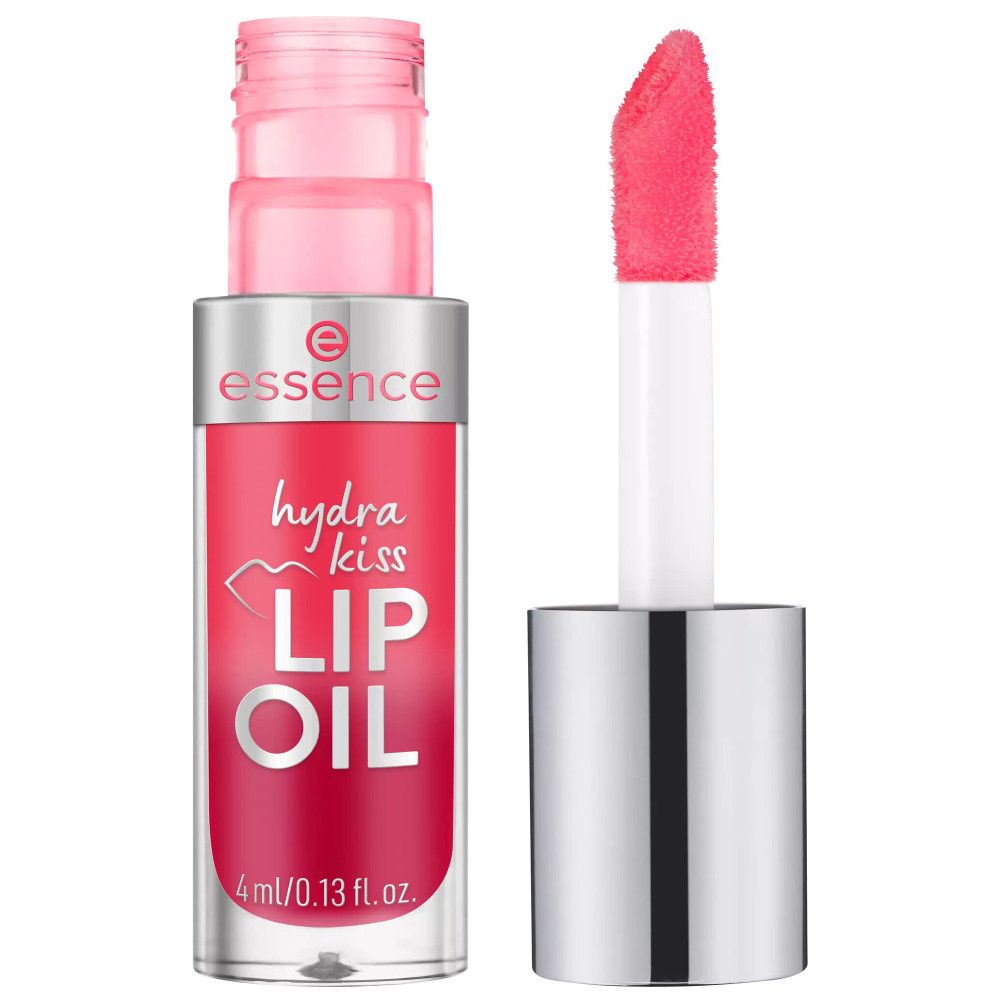 Flacone di olio per labbra con applicatore aperto. Liquido rosa, asta bianca, cappuccio argentato. Scritta: Hydra Kiss LIP OIL.