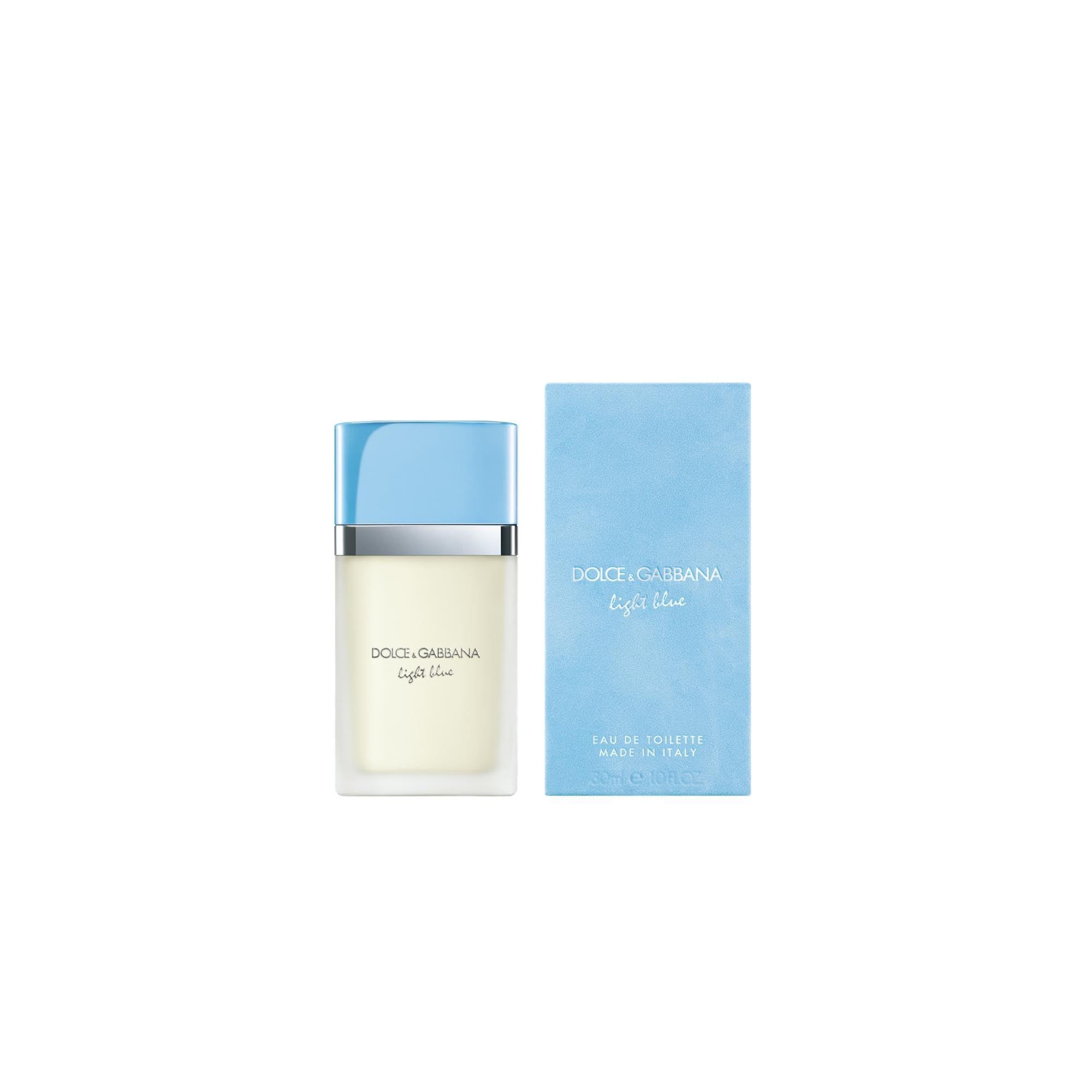 Flacone e scatola. Flacone rettangolare con tappo azzurro. Scatola azzurra. Scritta: Dolce & Gabbana Light Blue.
