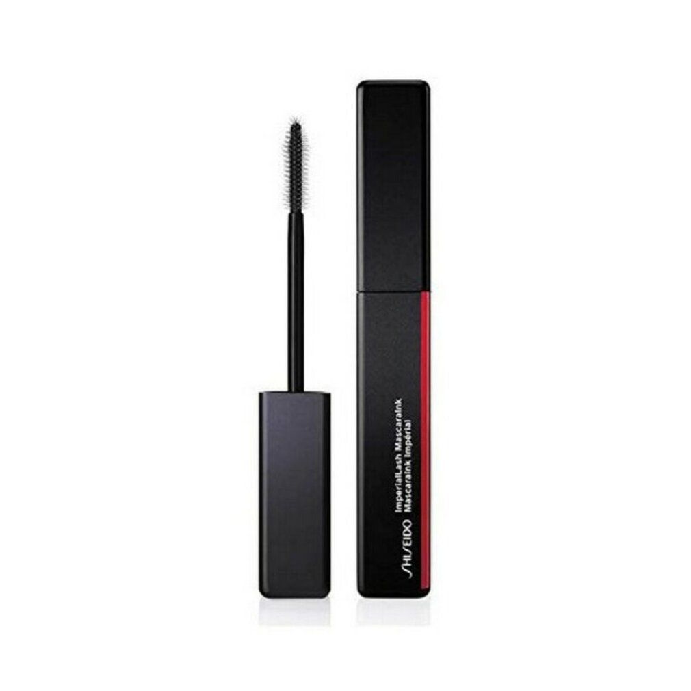 Tubo e spazzola per mascara neri. Scritta: ImperialLash Mascara Ink, Shiseido. Striscia rossa sul corpo del tubo.