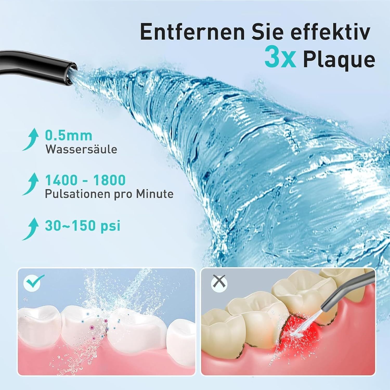 Grafico delle funzioni dell'idropulsore. Mostra il getto d'acqua, le pulsazioni e la pressione. Illustrazioni della pulizia dei denti.
