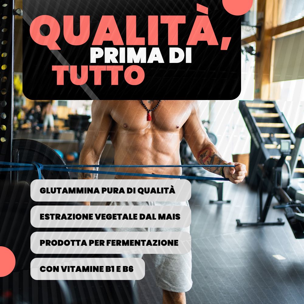 Immagine pubblicitaria con uomo in palestra. Testo: Qualità, prima di tutto. Glutammina pura, estratto di mais, fermentata, con vitamine B1 e B6.