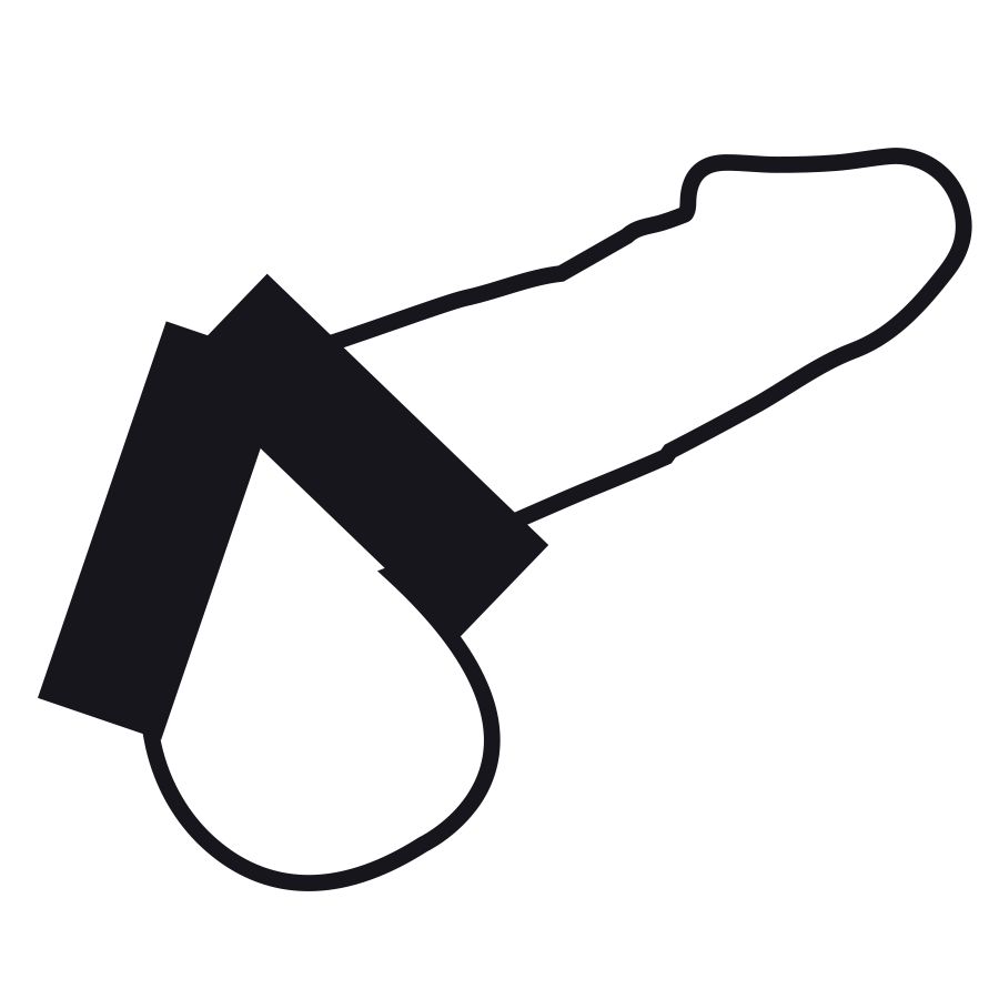 Grafica stilizzata in bianco e nero di un pene con due anelli posizionati attorno alla base.
