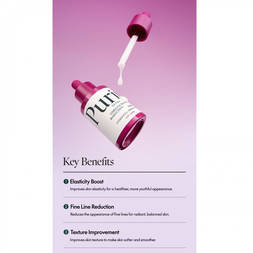 Flacone di siero viola con contagocce. Testo: Purito Timeless Bloom Bakuchiol Serum. Vantaggi chiave: elasticità, riduzione delle rughe.