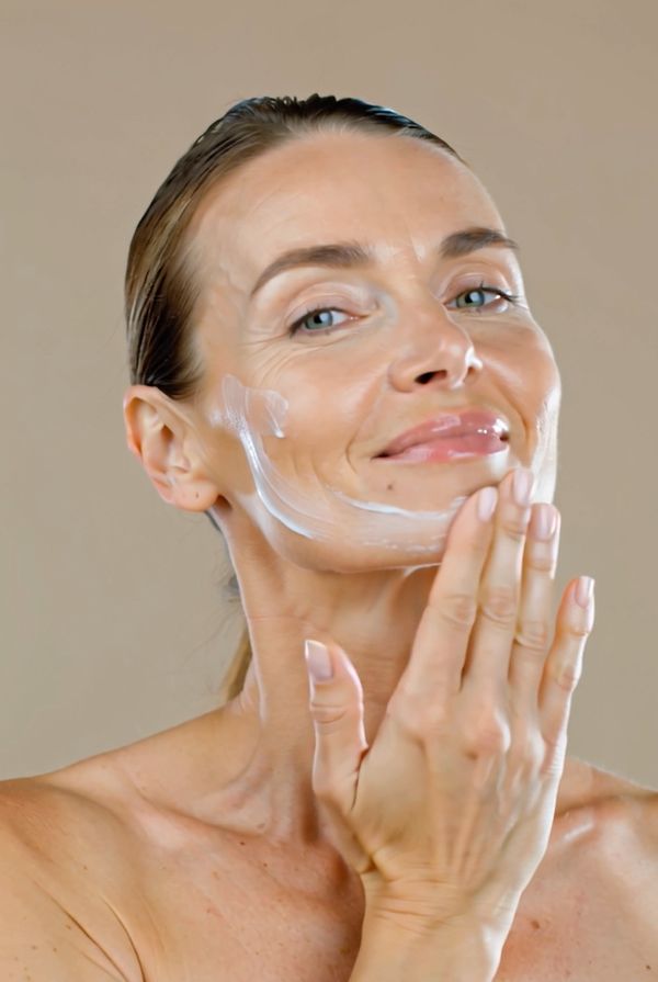 Donna che applica la crema sul viso. La crema è applicata su guance e mento.