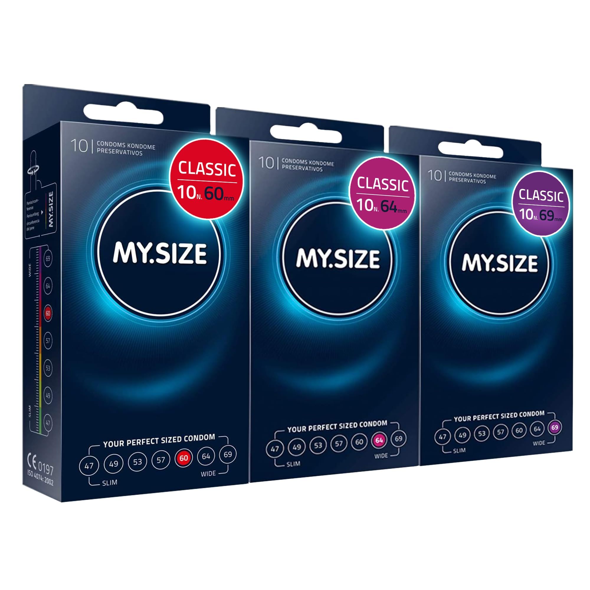 Tre confezioni di preservativi MY.SIZE Classic (misure 60, 64, 69).