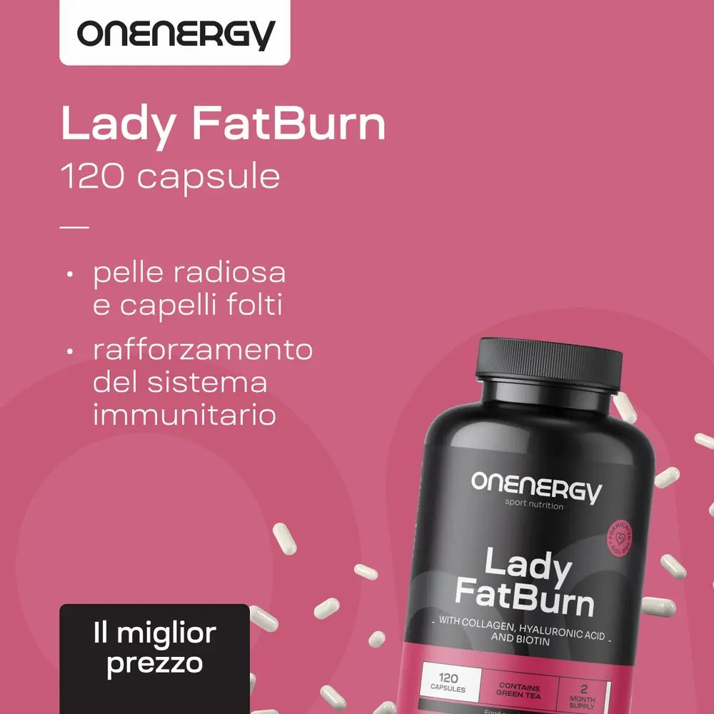 Barattolo OnEnergy Lady FatBurn, 120 capsule. "Pelle radiosa, capelli folti, sistema immunitario rafforzato."