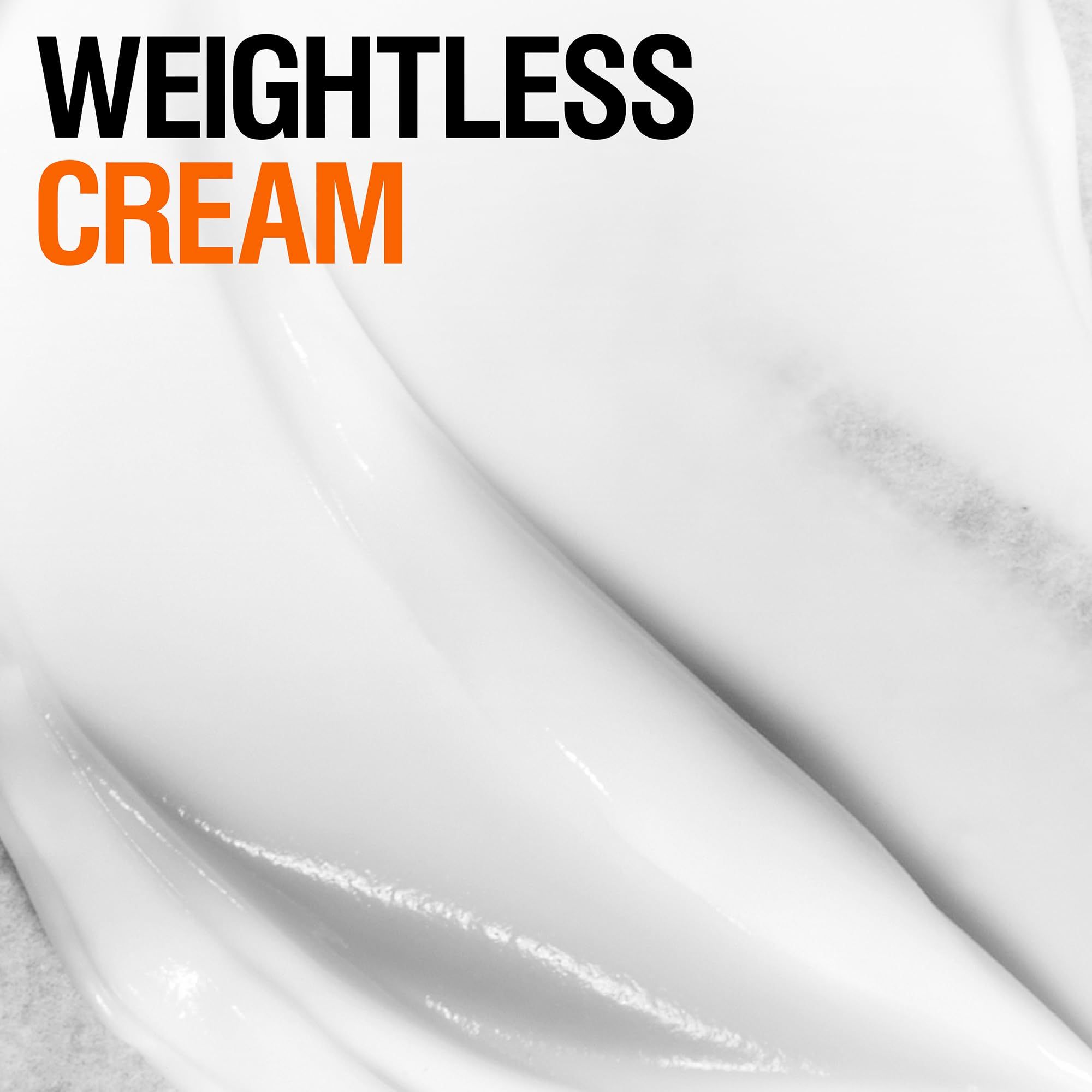 Primo piano di crema bianca. Testo: Weightless Cream.