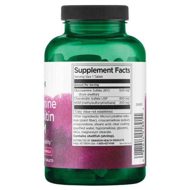 Retro del flacone verde. Etichetta con informazioni nutrizionali. Ingredienti: Glucosamina, Condroitina, MSM.