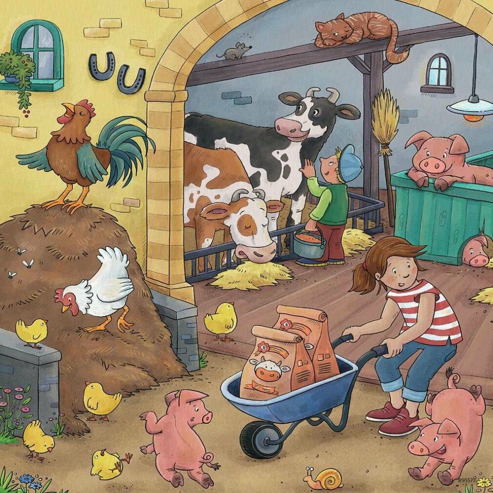 Puzzle 'Auf dem Bauernhof'. Scena con trattore, balle di fieno e animali. Bambini che salutano. Mucche, cavalli e conigli nel campo.
