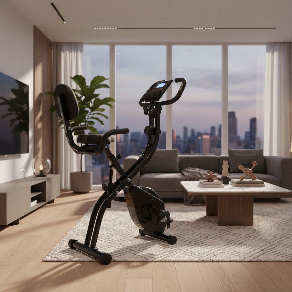 Cycellette in ambiente soggiorno. Colore nero. Con seduta, schienale e manubrio. Davanti a finestra con vista città.