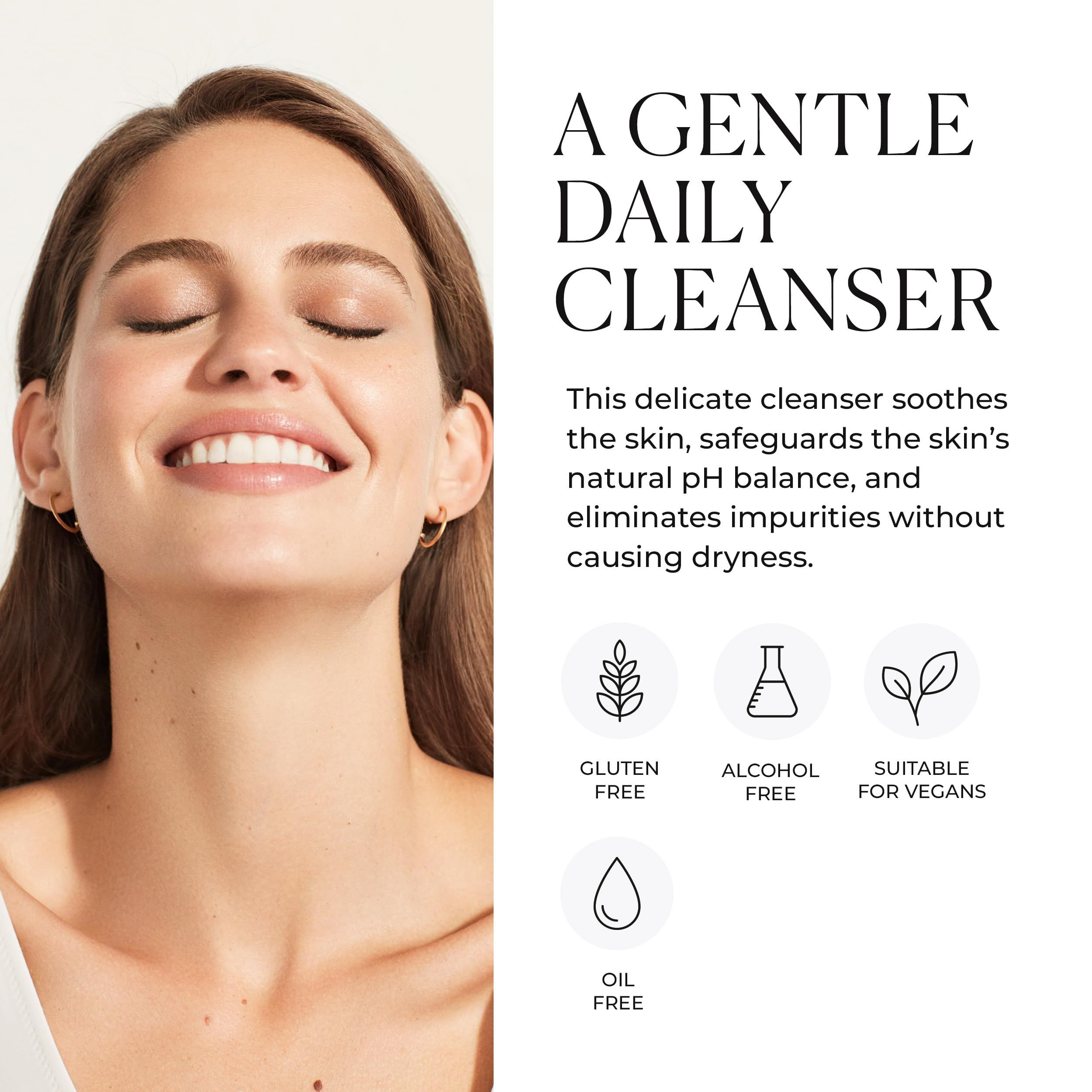 Donna con occhi chiusi. Testo: A Gentle Daily Cleanser. Gluten Free, Alcohol Free, Suitable for Vegans, Oil Free.